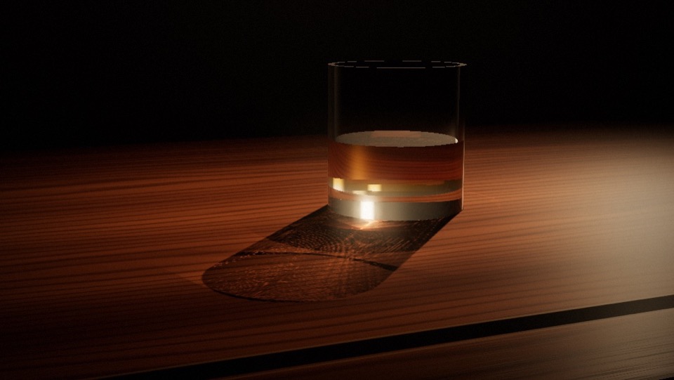 A tumbler of whiskey on a walnut desk, throwing an orange caustic onto the wood