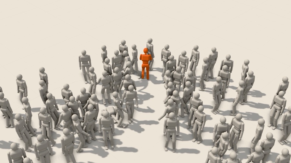 An orange crash-test dummy pushing through a crowd of grey ones, leaving a wake and one dummy knocked to the floor