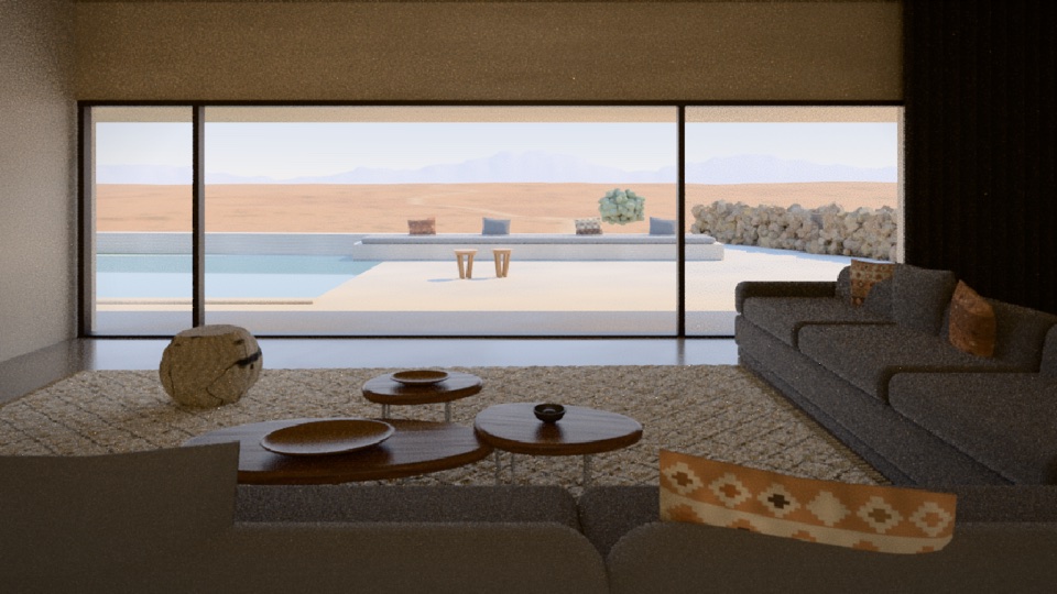 A minimalist desert villa living room looking out through a glass wall to a terrace, pool and mountains