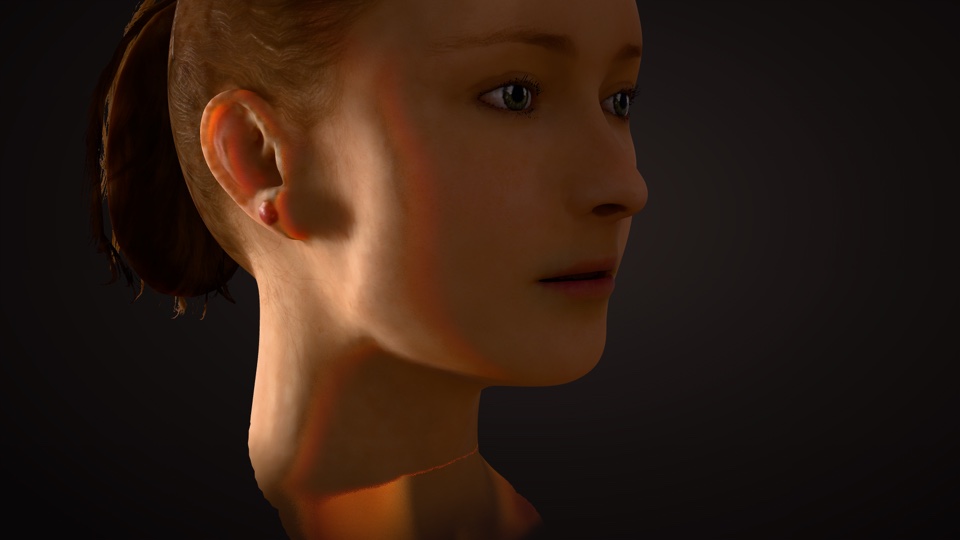 A woman's head in profile, backlit so that warm light glows through the rim of her ear